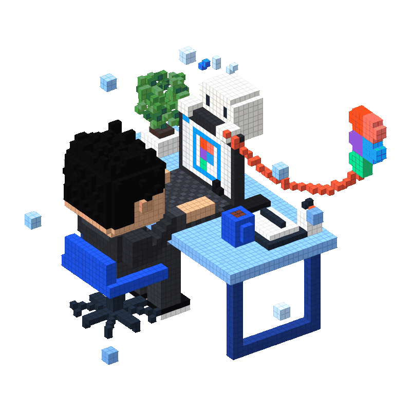Voxel character working at a design and development workspace